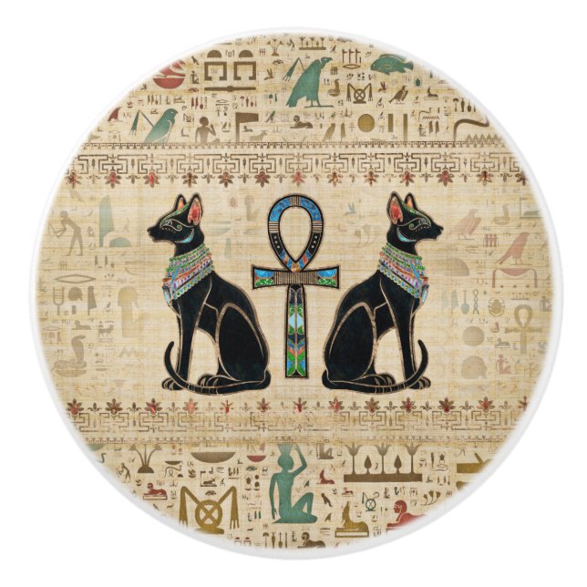 Egyptian Cats and ankh cross Ceramic Knob (Front)