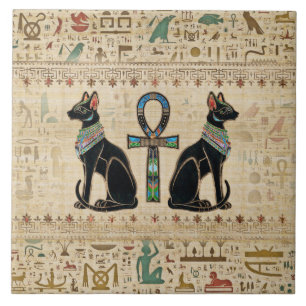 Egyptian Cats and ankh cross Tile