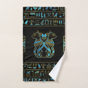Egyptian Cats Gold and blue stained glass Bath Towel Set