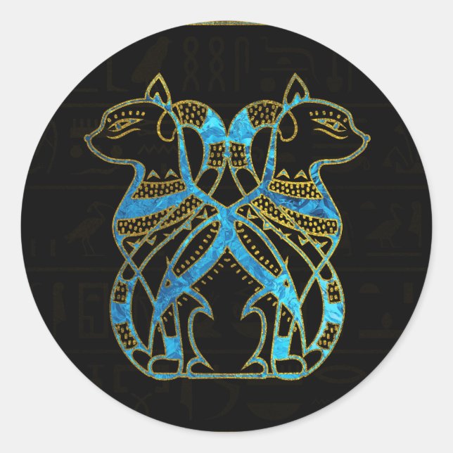 Egyptian Cats Gold and blue stained glass Classic Round Sticker (Front)