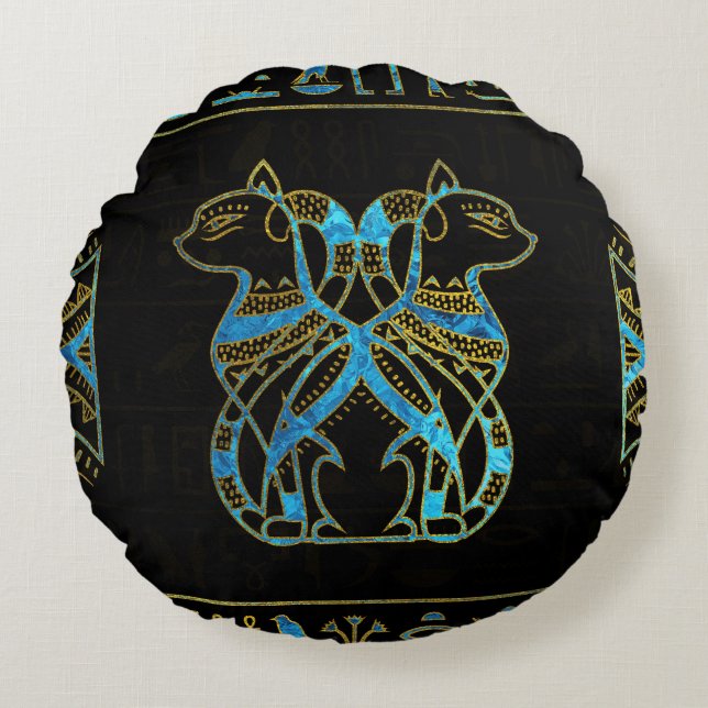 Egyptian Cats Gold and blue stained glass Round Cushion (Front)