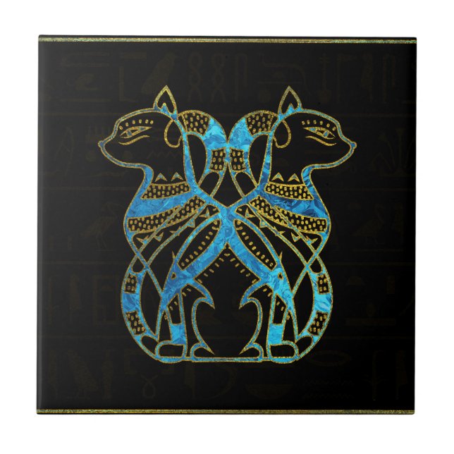 Egyptian Cats Gold and blue stained glass Tile (Front)