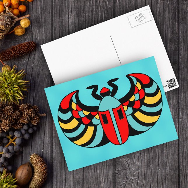 Egyptian Colourful Bold Vibrant Scarab Beetle Postcard (Brightly coloured Egyptian scarab beetle on aqua blue postcard.)