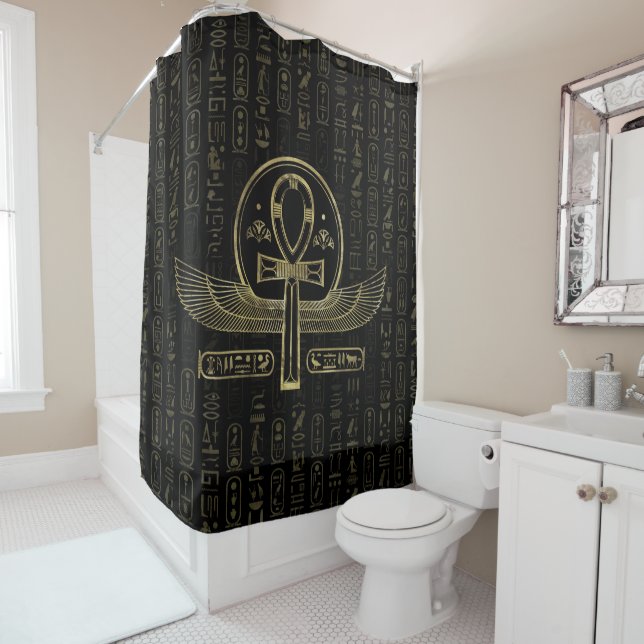 Egyptian Cross - Ankh - Gold and black Shower Curtain (In Situ)