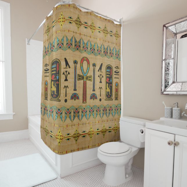 Egyptian Cross - Ankh Ornament on papyrus Shower Curtain (In Situ)