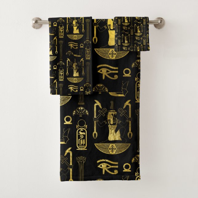 Egyptian Decorative Pattern gold on black Bath Towel Set (Insitu)