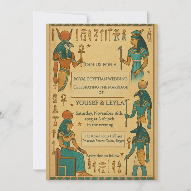 Egyptian Deities Hieroglyph Gold Wedding  Invitation (Front)