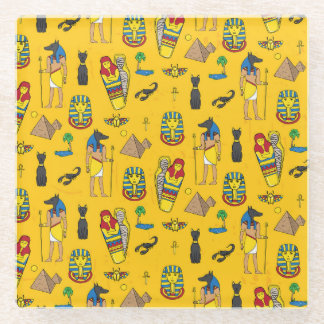 Egyptian elements, Anubis, pyramids pattern. Glass Coaster