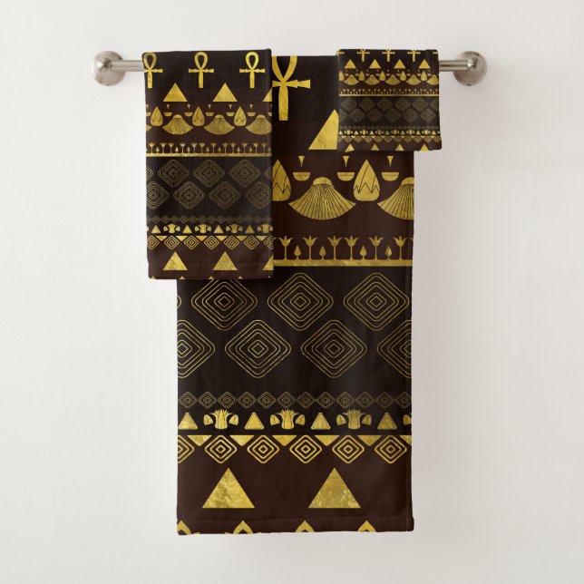 Egyptian Ethnic Pattern gold on rich browns Bath Towel Set (Insitu)