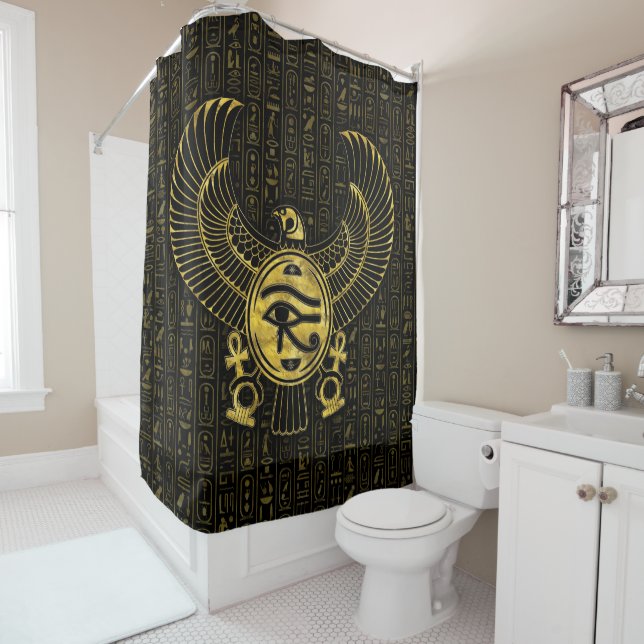 Egyptian Eye of Horus - Wadjet Gold and Black Shower Curtain (In Situ)