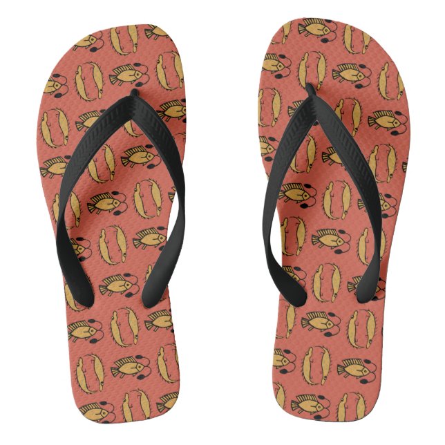 Egyptian Fish, Crocodile on Rusty Red Flip Flops (Footbed)