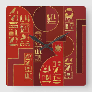 Egyptian Geometric Art Deco Red and Gold Square Wall Clock