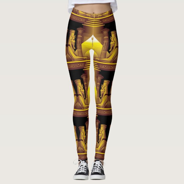 Egyptian Goddess, Gold on Black Temple Leggings (Front)