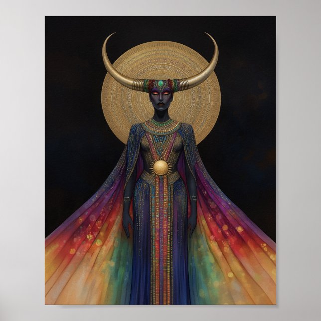 Egyptian Goddess Hathor Rainbow Gold Black Art Poster (Front)