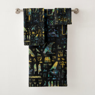 Egyptian Gods and hieroglyphs - Abalone and Gold Bath Towel Set