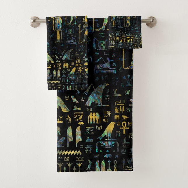 Egyptian Gods and hieroglyphs - Abalone and Gold Bath Towel Set (Insitu)