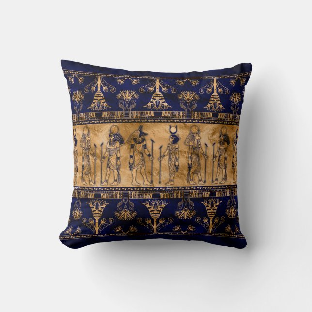 Egyptian Gods and Ornamental border -blue gold Cushion (Front)