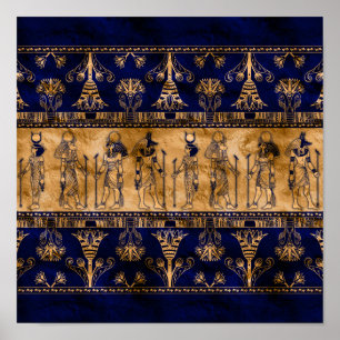 Egyptian Gods and Ornamental border -blue gold Poster