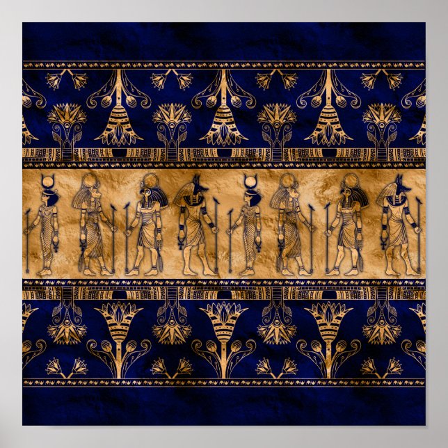 Egyptian Gods and Ornamental border -blue gold Poster (Front)