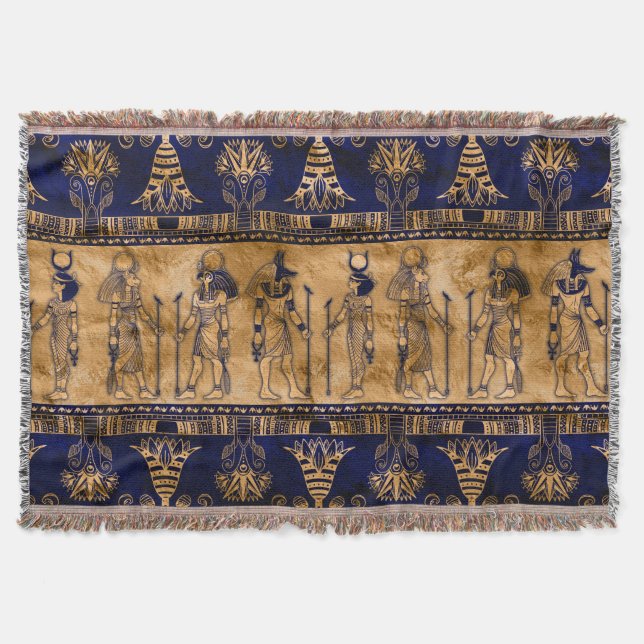 Egyptian Gods and Ornamental border -blue gold Throw Blanket (Front)