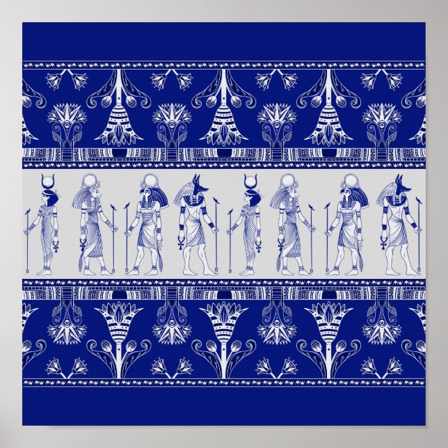 Egyptian Gods and Ornamental border - blue grey Poster (Front)