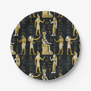 Egyptian Gods Gold and white on dark glass Paper Plate