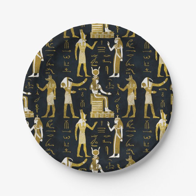 Egyptian Gods Gold and white on dark glass Paper Plate (Front)