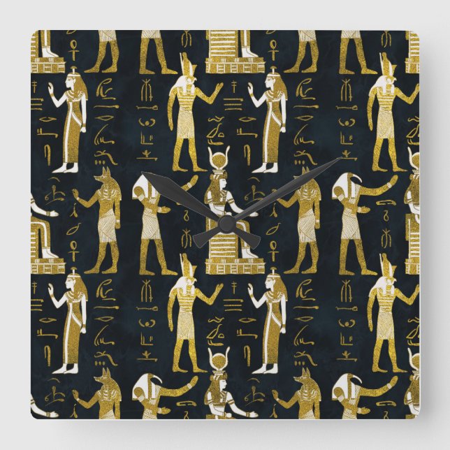 Egyptian Gods Gold and white on dark glass Square Wall Clock (Front)