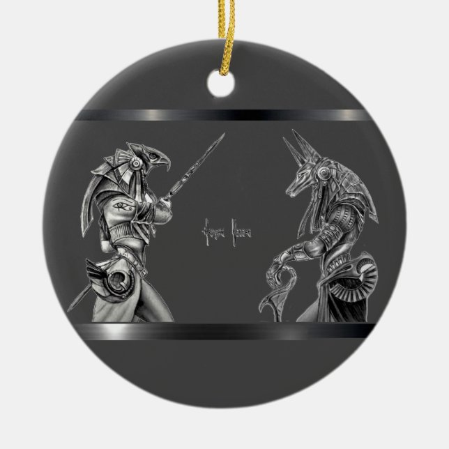 Egyptian Gods on Grey Ceramic Tree Decoration (Front)