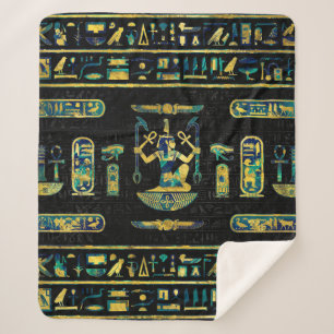 Egyptian  Gold and Blue Marble Ornament Sherpa Blanket