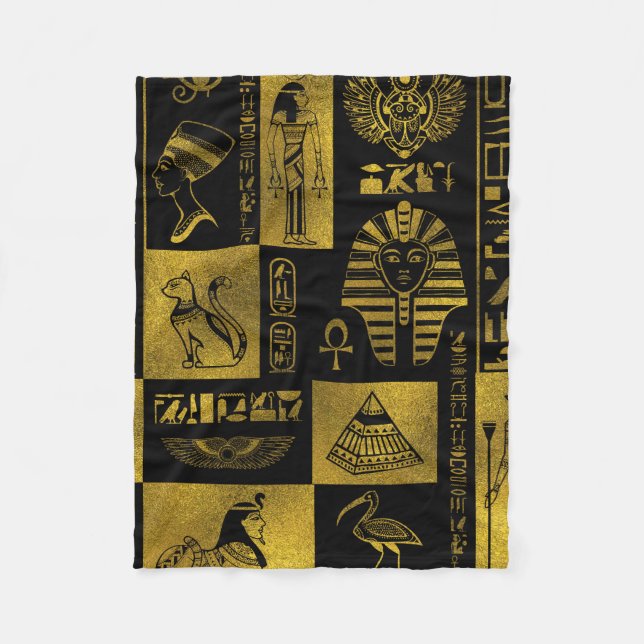 Egyptian  Gold hieroglyphs and symbols collage Fleece Blanket (Front)