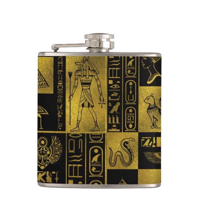 Egyptian  Gold hieroglyphs and symbols collage Hip Flask (Front)