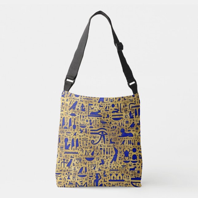 Egyptian hieroglyphic Lapis Lazuli and Gold Crossbody Bag (Front)