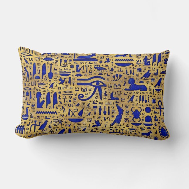Egyptian hieroglyphic Lapis Lazuli and Gold Lumbar Cushion (Front)