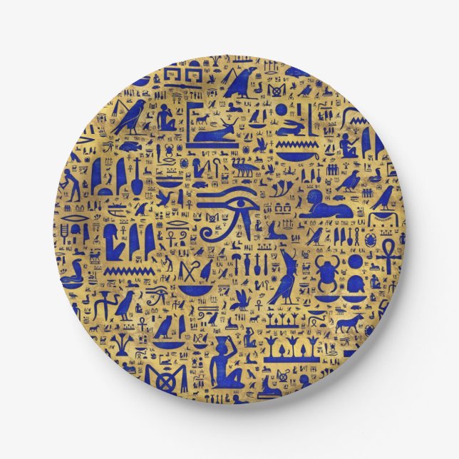 Egyptian hieroglyphic Lapis Lazuli and Gold Paper Plate (Front)