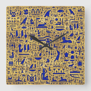 Egyptian hieroglyphic Lapis Lazuli and Gold Square Wall Clock