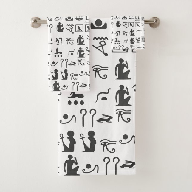 Egyptian Hieroglyphics in Black and White Bath Towel Set (Insitu)