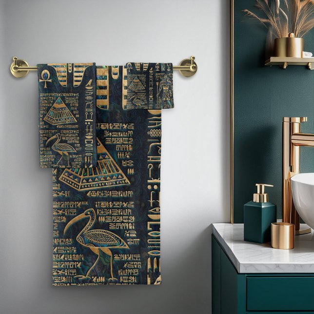 Egyptian hieroglyphs and deities -Abalone and gold Bath Towel Set (Creator Uploaded)