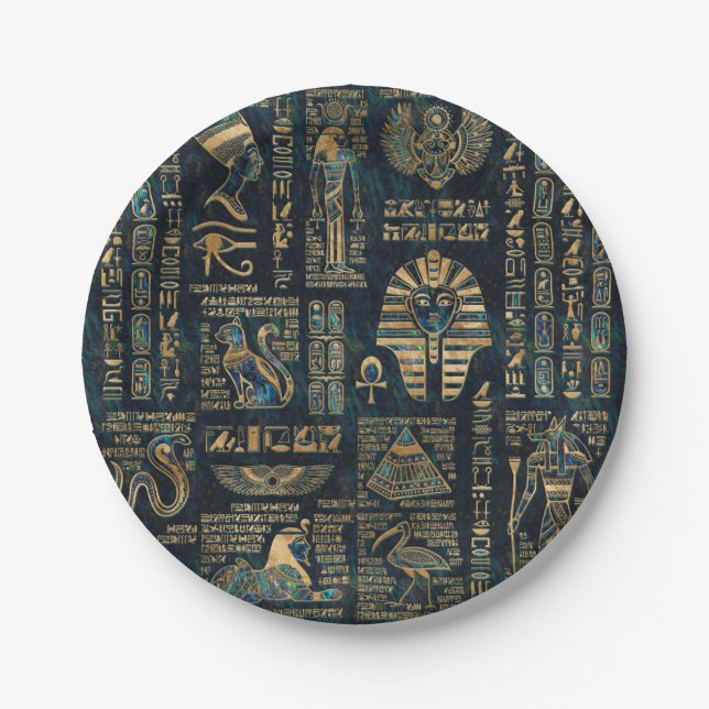 Egyptian hieroglyphs and deities -Abalone and gold Paper Plate (Front)