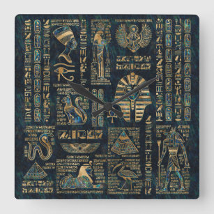 Egyptian hieroglyphs and deities -Abalone and gold Square Wall Clock