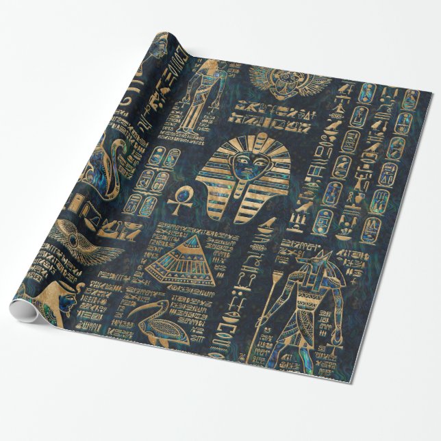 Egyptian hieroglyphs and deities -Abalone and gold Wrapping Paper (Unrolled)
