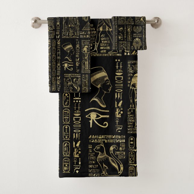 Egyptian hieroglyphs and deities gold on black bath towel set (Insitu)