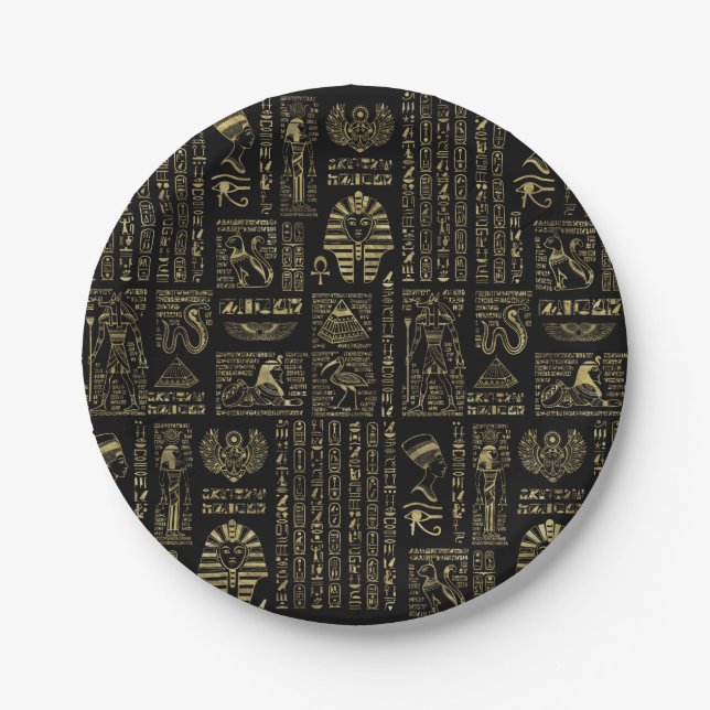 Egyptian hieroglyphs and deities gold on black paper plate (Front)