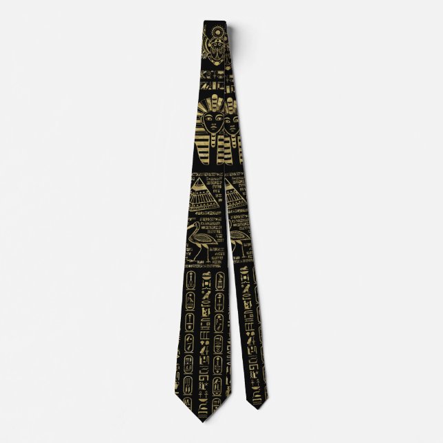Egyptian hieroglyphs and deities gold on black tie (Front)
