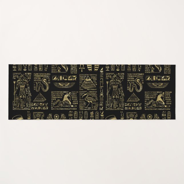 Egyptian hieroglyphs and deities gold on black yoga mat (Front (Horizontal))