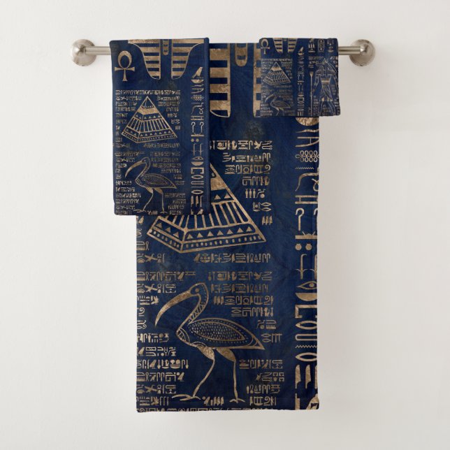 Egyptian hieroglyphs and deities-gold on marble bath towel set (Insitu)