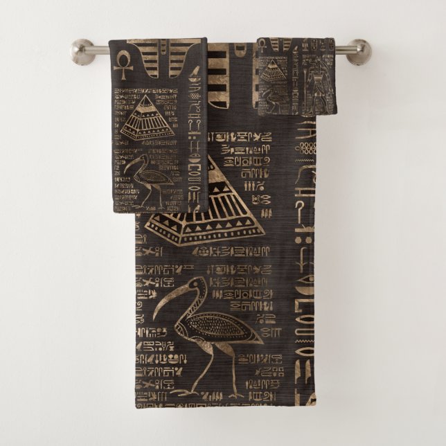 Egyptian hieroglyphs and deities - gold on wood bath towel set (Insitu)
