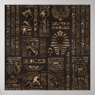 Egyptian hieroglyphs and deities - gold on wood poster