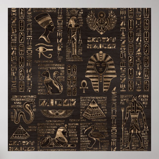 Egyptian hieroglyphs and deities - gold on wood poster (Front)