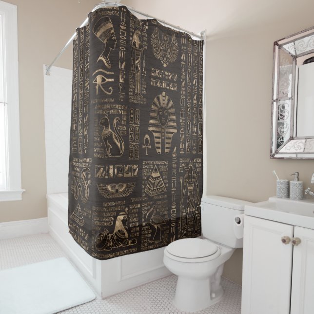 Egyptian hieroglyphs and deities - gold on wood shower curtain (In Situ)